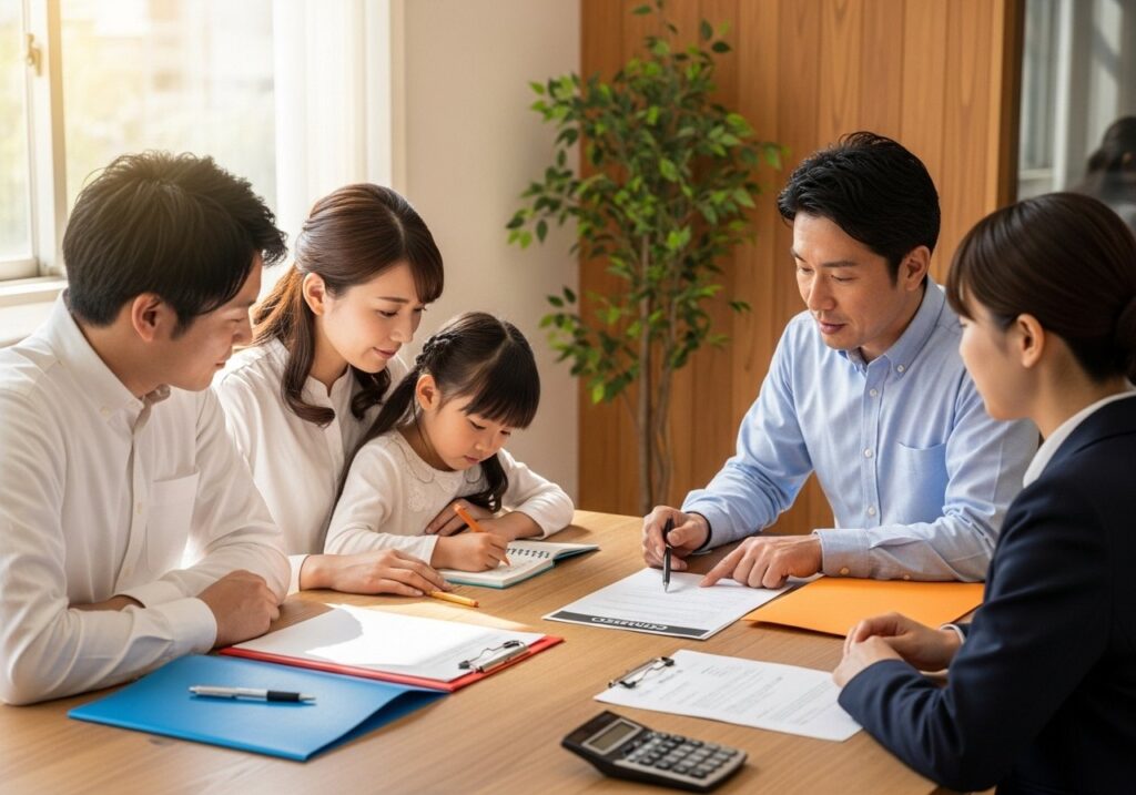 打ち合わせをする家族と住宅会社の担当者