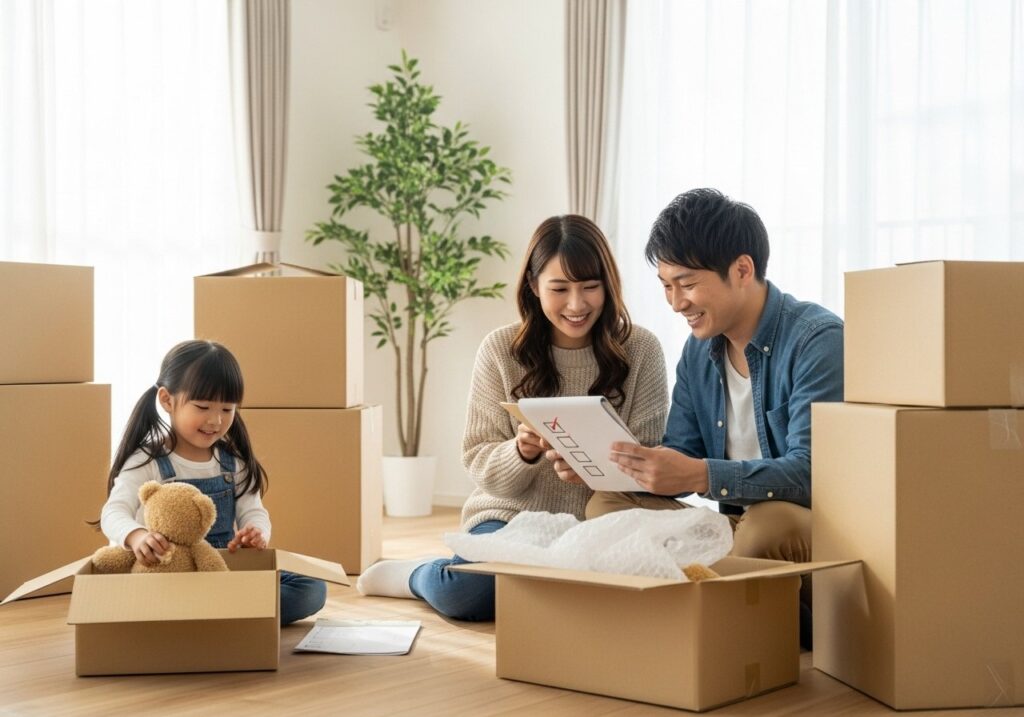 引越し準備をする家族