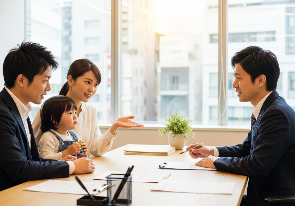 打ち合わせをする家族と住宅会社のスタッフ