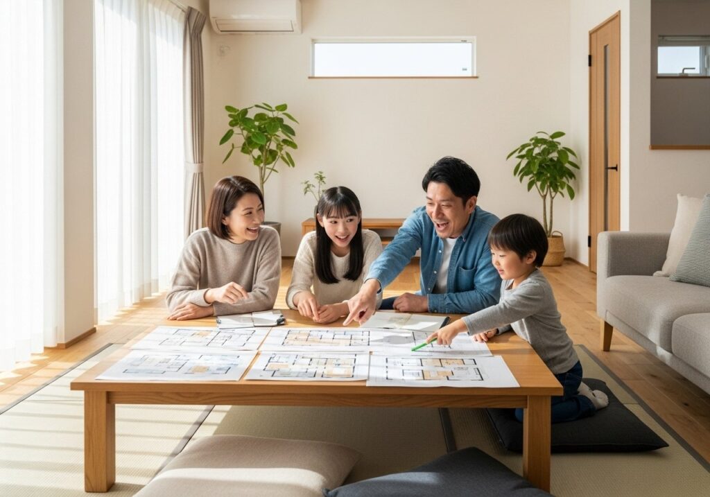 家の間取りついて話し合う家族