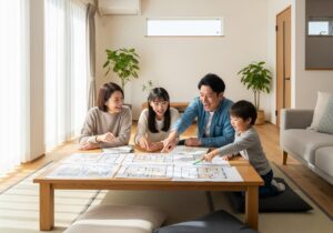 家の間取りついて話し合う家族